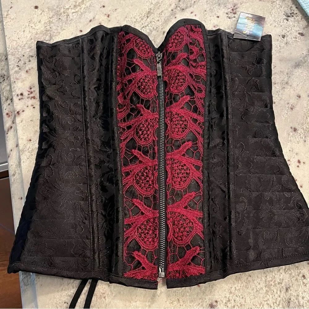 Spirit of Halloween Black Damask & Burgundy Lace Zip Up Corset sz M NWT